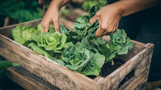 Hands of a gardener carefully harvesting fresh green lettuce from a wooden crate in a vibrant garden, showcasing the beauty of organic farming and sustainable practices