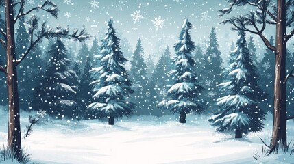 A snowy forest with tall pine trees, the snow gently falling, peaceful and pure 