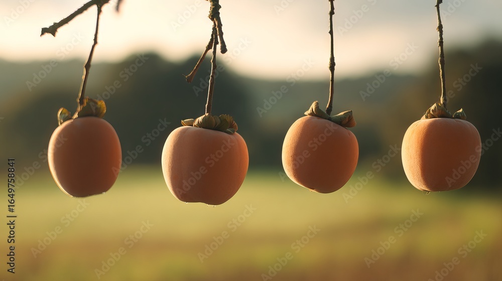 Aufkleber ripe persimmons hanging from branches in a serene orchard, illuminated by soft sunlight, creating a 