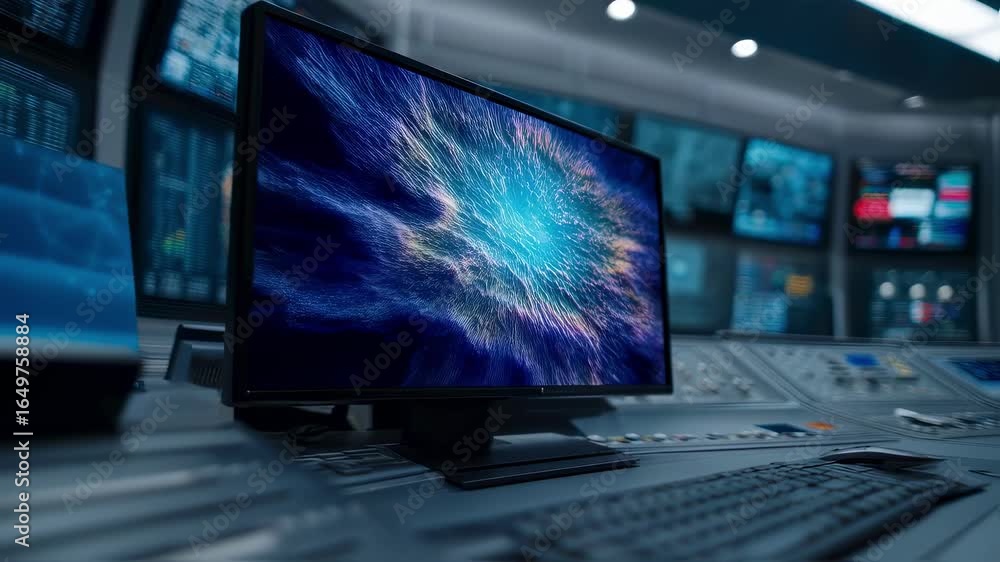 Poster medium shot of a futuristic workstation with a vivid hyperreal scenery plate on the main monitor in 