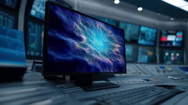 Medium shot of a futuristic workstation with a vivid hyperreal scenery plate on the main monitor in sharp focus while the surrounding environment remains softly out of focus.