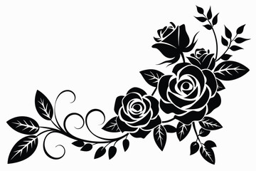 Black Rose Floral Corner Border Design Element with Leaves and Stem Accents