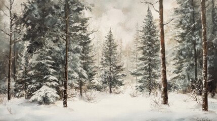 A snowy forest with tall pine trees, the snow gently falling, peaceful and pure 