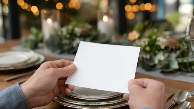 A blank menu card is elegantly presented in a luxurious dining setting with layered plates, silver cutlery, and greenery accents.