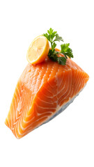 flying fresh salmon steaks slice isolated on a transparent white background, clipping path