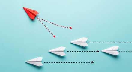 Red Paper Airplane Leading White Ones on Teal Background, Dotted Path