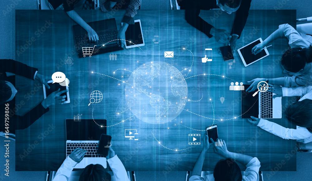 Poster visualization of global digital communication and online across multiple platforms, including global