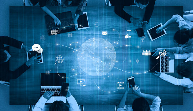 Visualization of global digital communication and online across multiple platforms, including global network, digital network, communication network, and online network. Vouch