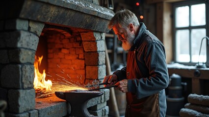 Obraz premium Artisan forgeron travaillant le métal dans une forge rustique en cabane en bois enneigée en hiver avec étincelles sur l’enclume 
