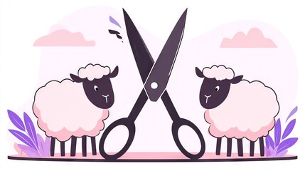 Two cartoon sheep stand beside large scissors in a playful illustration, showcasing a whimsical scene of shearing with soft pastel colors and a lighthearted atmosphere