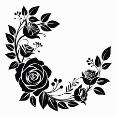 Elegant Black Floral Frame Featuring Roses, Leaves, and Berries for Design Projects