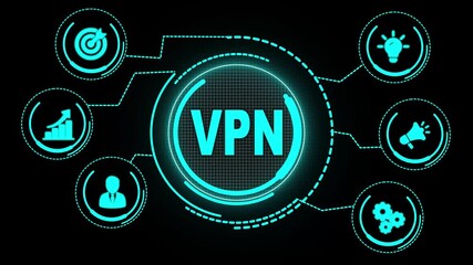 a vpn security button on a futuristic blue digital interface, pressing button vpn creation internet protocols for protection web private network, 4k video map background - Powered by Adobe