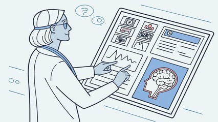 Illustration of a holographic display of digital patient data accessed by a medical doctor with the help of artificial intelligence technology