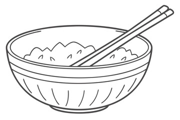 Illustration of a bowl full of rice with chopsticks resting on top, in black and white outline style