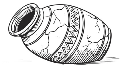 An antique pottery vase with a patterned band and cracks lying on its side in black and white line art