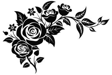 Black Floral Corner Design Roses, Blossoms, Leaves, and Decorative Elements Arrangement