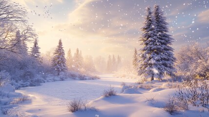 A magical winter landscape with snow-covered trees and a soft snowfall, serene and beautiful 
