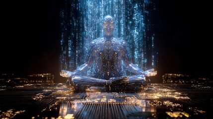 futuristic deity seated on glowing circuit throne, body of neon code and luminous microchip patterns, streams of data forming prophetic symbols in midair, cinematic sci-fi 