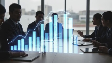 Business meeting with professionals discussing growth strategies, digital graphs projected, city view - Powered by Adobe