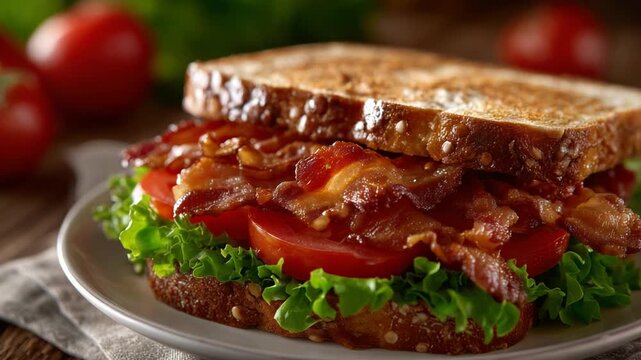 A delectable BLT sandwich with crispy bacon, fresh tomatoes, and lettuce on perfectly toasted bread, showcased on a rustic tabletop.