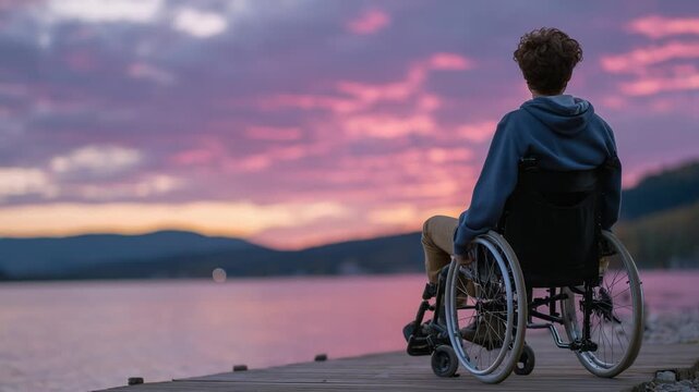 A teenage boy in a wheelchair sits on a wooden pier, silhouetted against a vibrant sunset reflecting pink and purple hues on the tranquil river.