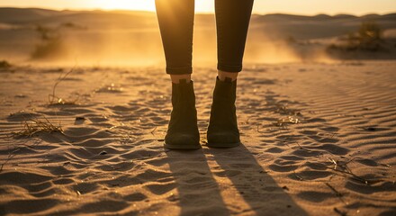 Close up of green boots standing still on desert sand at sunset with dust blowing in background, front view of traveler legs in sand dunes