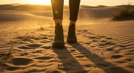 Wide angle perspective of traveler walking on desert sand dunes at sunset, low angle shot of green boots and dusty atmosphere