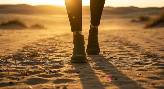 Person in green suede boots walking on sand dunes toward golden sunset, low angle view of legs and footsteps in the desert, travel and adventure concept