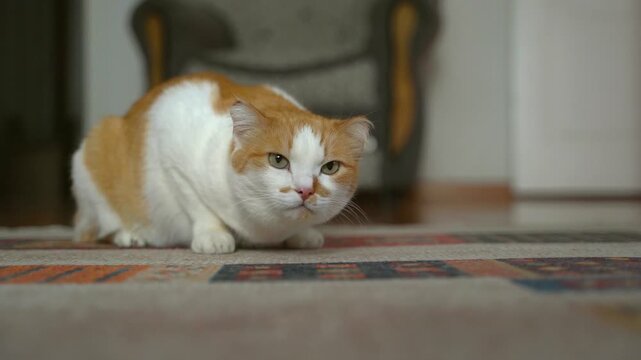 Orange and white cat coughing and vomiting with fur 
