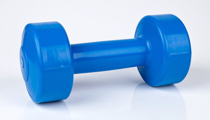 Obraz premium Blue barbell for exercises on plain white backdrop. Sport equipment.