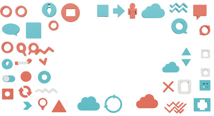 Visually diverse collection of vibrant abstract geometric shapes and modern UI icons arranged on a transparent flat lay with copy space, concept of global digital connectivity