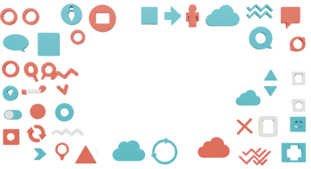 Visually diverse collection of vibrant abstract geometric shapes and modern UI icons arranged on a transparent flat lay with copy space, concept of global digital connectivity