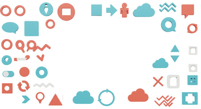 Visually diverse collection of vibrant abstract geometric shapes and modern UI icons arranged on a transparent flat lay with copy space, concept of global digital connectivity