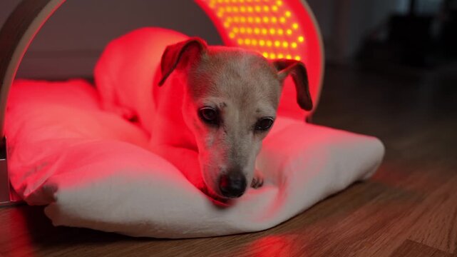 relaxed dog lying under red and infrared light LED panel. home treatment. therapeutic light therapy for old pet. video footage