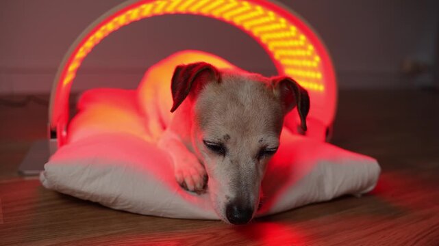 Cute dog sleepy lying under red and infrared light LED panel. home treatment. therapeutic light therapy for old pet. Horizontal video footage