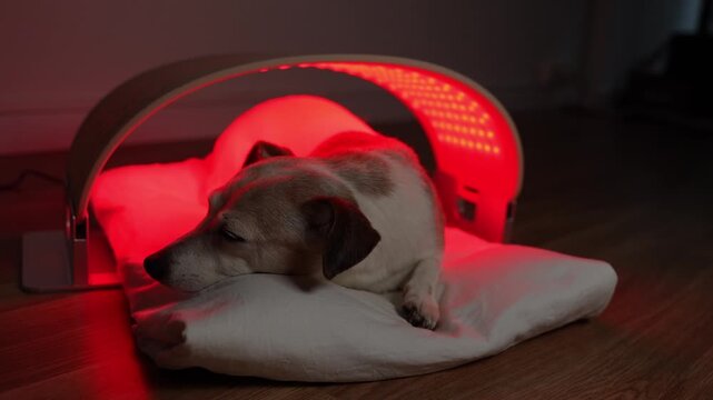 Dog red and infrared light LED panel for pet. Cute dog relaxing during home treatment. therapeutic light therapy for old pet. video footage