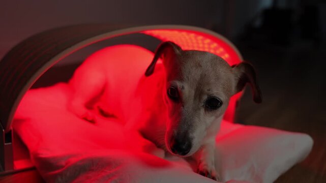 dog old sleepy lying under red and infrared light LED panel. home treatment. therapeutic light therapy for old pet. video fooatge