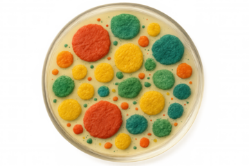 Multicolored sprinkles mimicking bacterial growth pattern, spreading across translucent surface with vivid scientific aesthetic