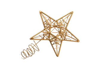 Golden Hollow Wireframe Star Tree Topper with Spiral Base, Transparent PNG