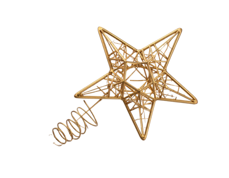 Golden Hollow Wireframe Star Tree Topper with Spiral Base, Transparent PNG