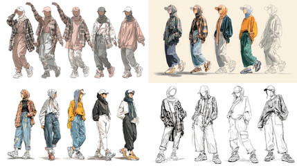 Fototapeta premium Trendy streetwear fashion illustration of young men and women in oversized jackets, hoodies, and caps, showcasing urban culture, casual lifestyle, and modern outfit ideas.