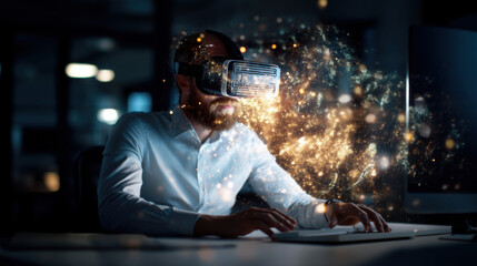 Obraz premium A man wearing a VR headset interacts with a computer, surrounded by a visual effect of sparkling particles, illustrating a virtual reality experience.