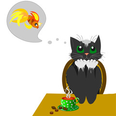 The cat sits at the table and dreams of a goldfish. 
