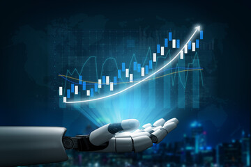 A futuristic robotic hand supports a vibrant digital growth chart, illustrating significant upward...