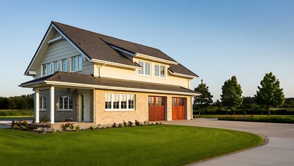 Fototapeta premium Modern suburban house with manicured lawn and driveway on a sunny day