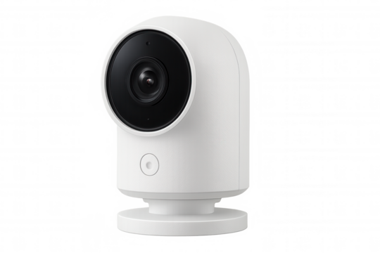 Modern white security camera providing surveillance, isolated on a transparent background, ensuring safety and peace of mind