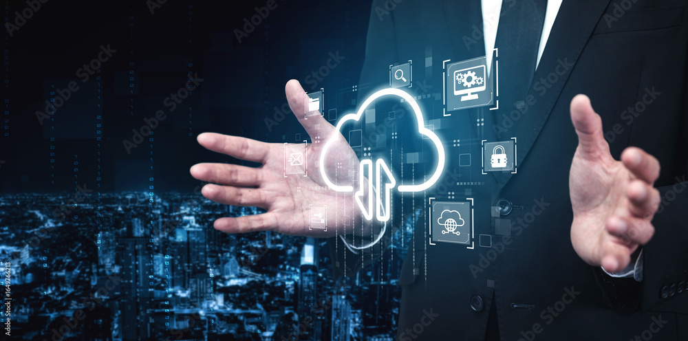 Poster cloud computing enables digital growth with secure data storage, scalable infrastructure, and strate
