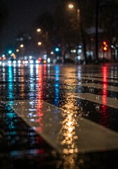 Fototapeta premium Night City Street Scene with Rain Falling on Crosswalk and Bokeh Traffic Lights Reflection on Wet Asphalt Road