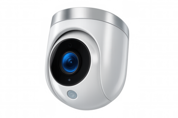 Modern white security camera providing surveillance, featuring a prominent lens and sensor, isolated on a transparent background