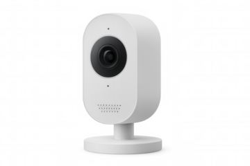 White security camera mounted on wall, featuring sleek design with transparent background for seamless digital integration